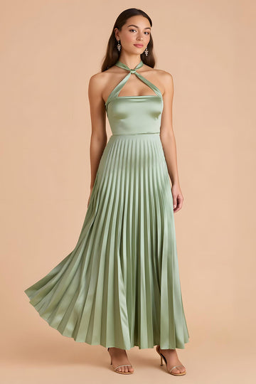 Sage Green Halter A-Line Pleated Bridesmaid Dress